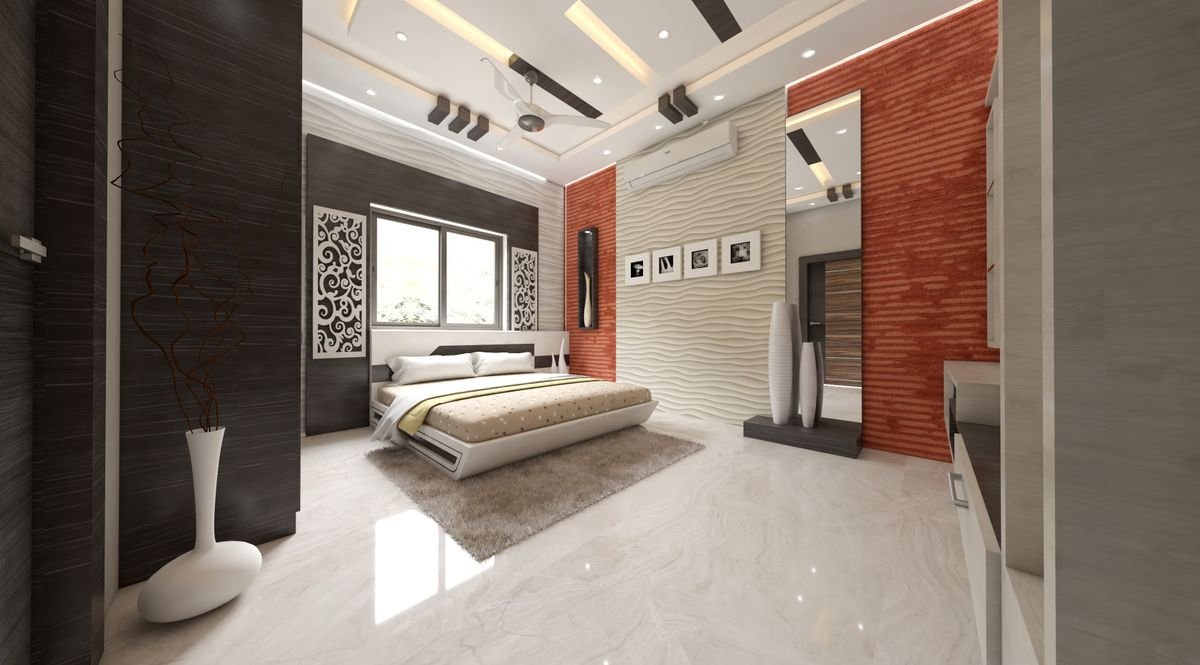 Modern bedroom with a low bed, brick and wood-panelled walls and a wall-mounted air conditioning unit