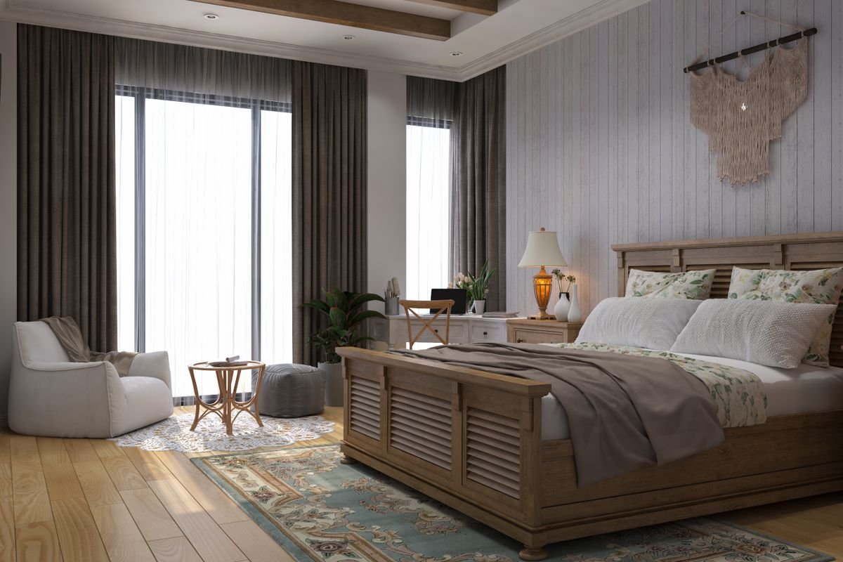 Modern bedroom with a wooden bed, an armchair and a large window